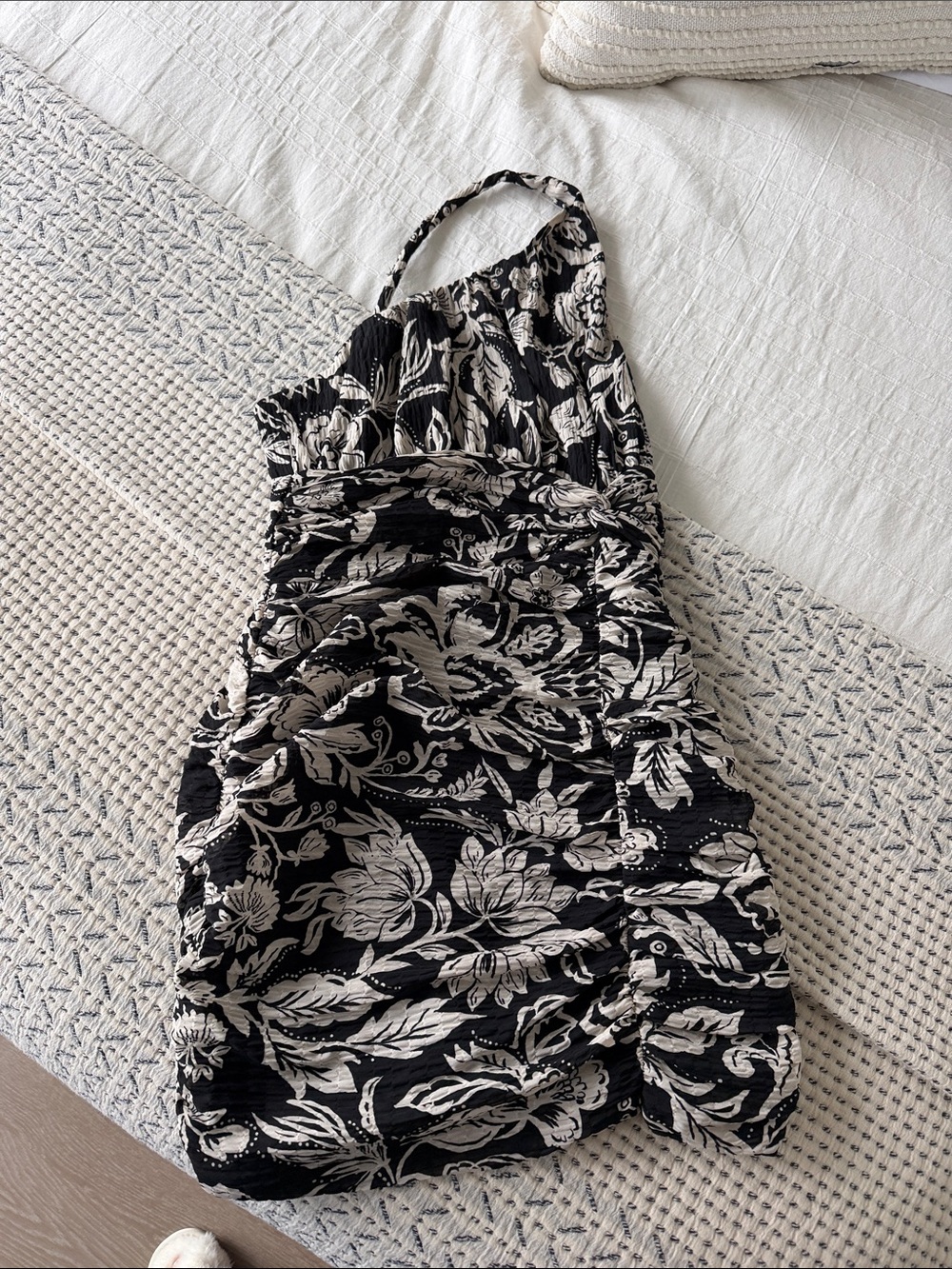Zara Black and White One-Shoulder Floral Ruched Mini Dress